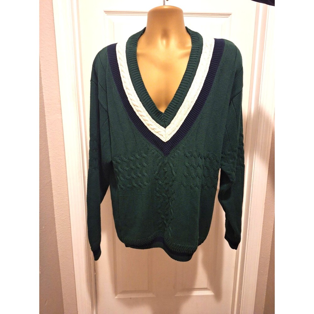 Siegfried V Neck Sweater Men Large Green Cable Knit Preppy Varsity Tennis Golf